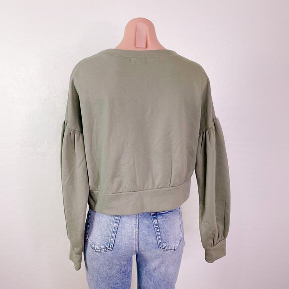 Abound Drop Shoulder Puff Sleeve Cropped Sweatshirt Olive Sage Night size S NWT - Picture 8 of 12